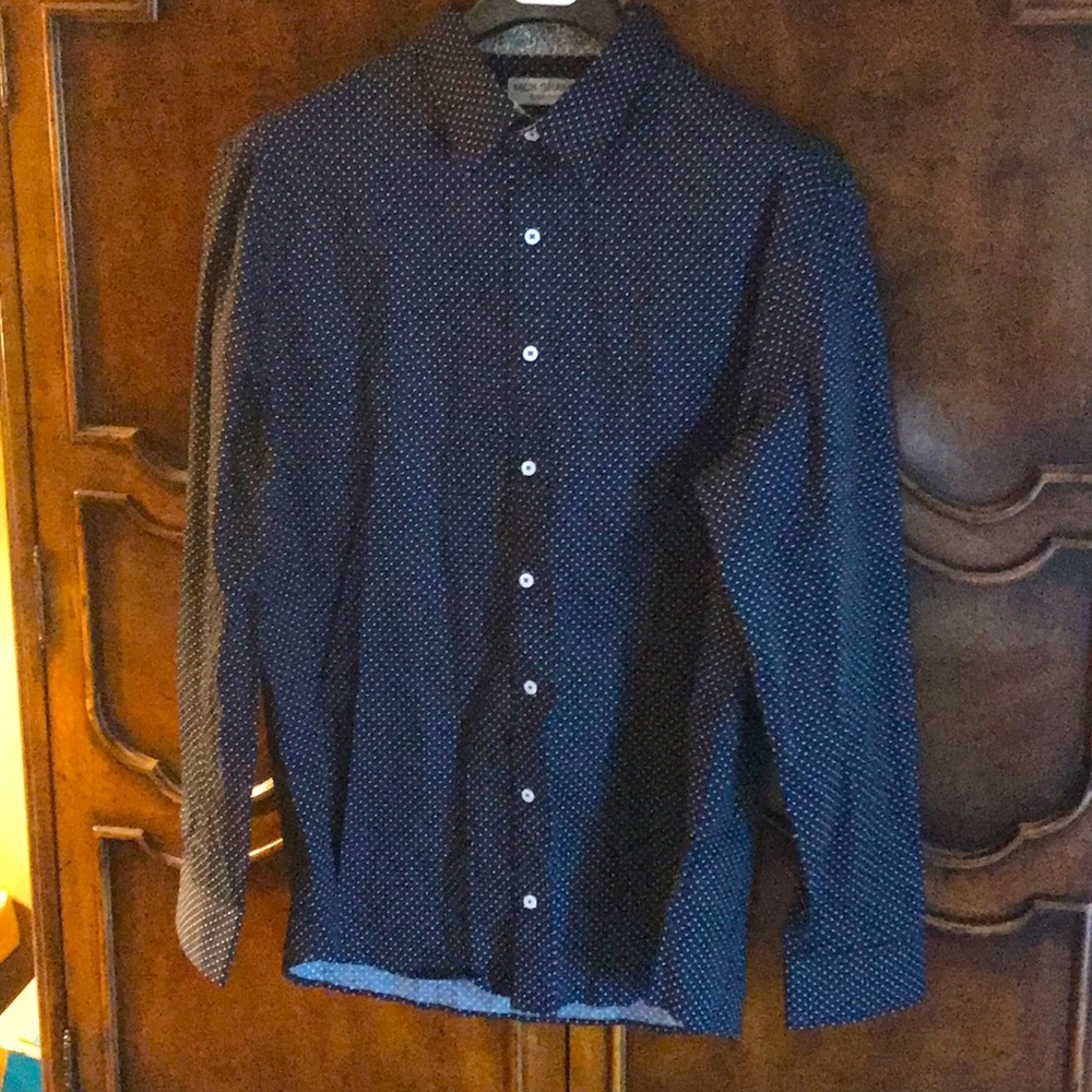 Men’s Nick Graham everywhere 2XL Stretch Modern Fit button down navy white dots